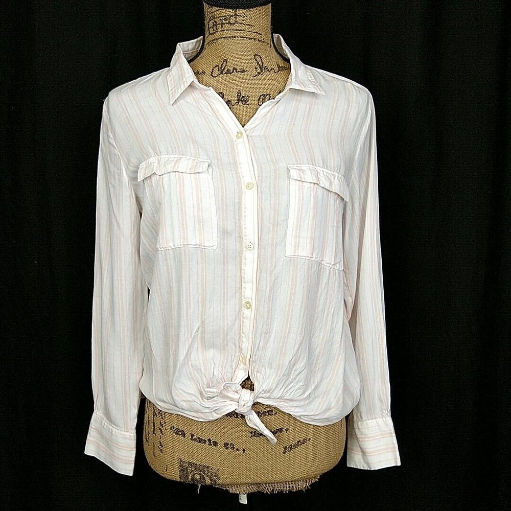 Loft Womens sz MP Top White Pink Stripe Front Tie Button Up Collar Long Sleeve